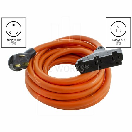 Ac Works 25ft 10/3 TT-30P RV/Generator 30A Plug to 3 Household Outlets TT30W515-025